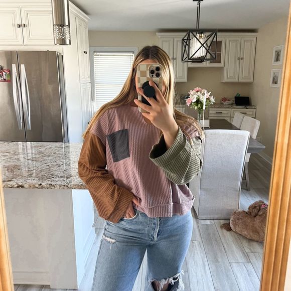 Peach Love California Sweaters - Peach Love California Colorblock Tunic Sweater V-Neck Long Sleeve Women's L